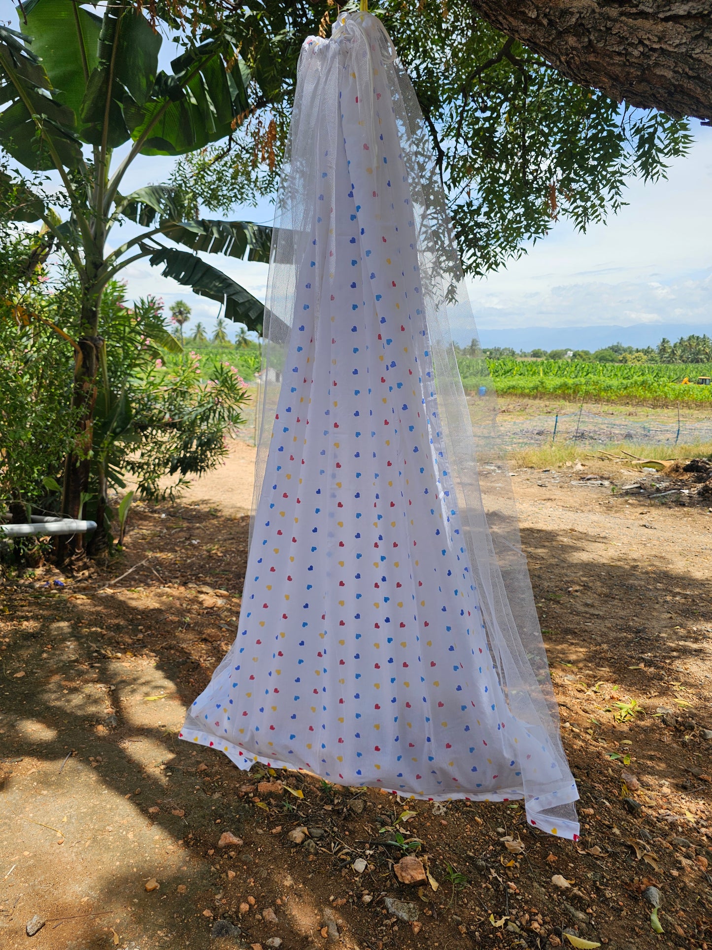 Combo of Pure Cotton Sleep Safe Thottil with Net and Separator Stick - Heart