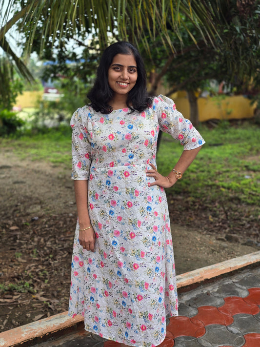 White Floral Cotton Hakoba Feeding Maxi with Zip and Full Lining