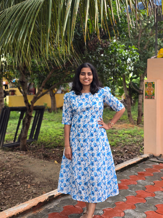 Blue Floral Cotton Hakoba Feeding Maxi with Zip and Full Lining