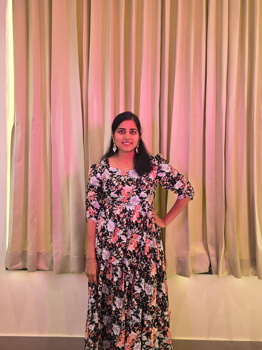 Black Florals Feeding Maxi with Zip and Full Lining