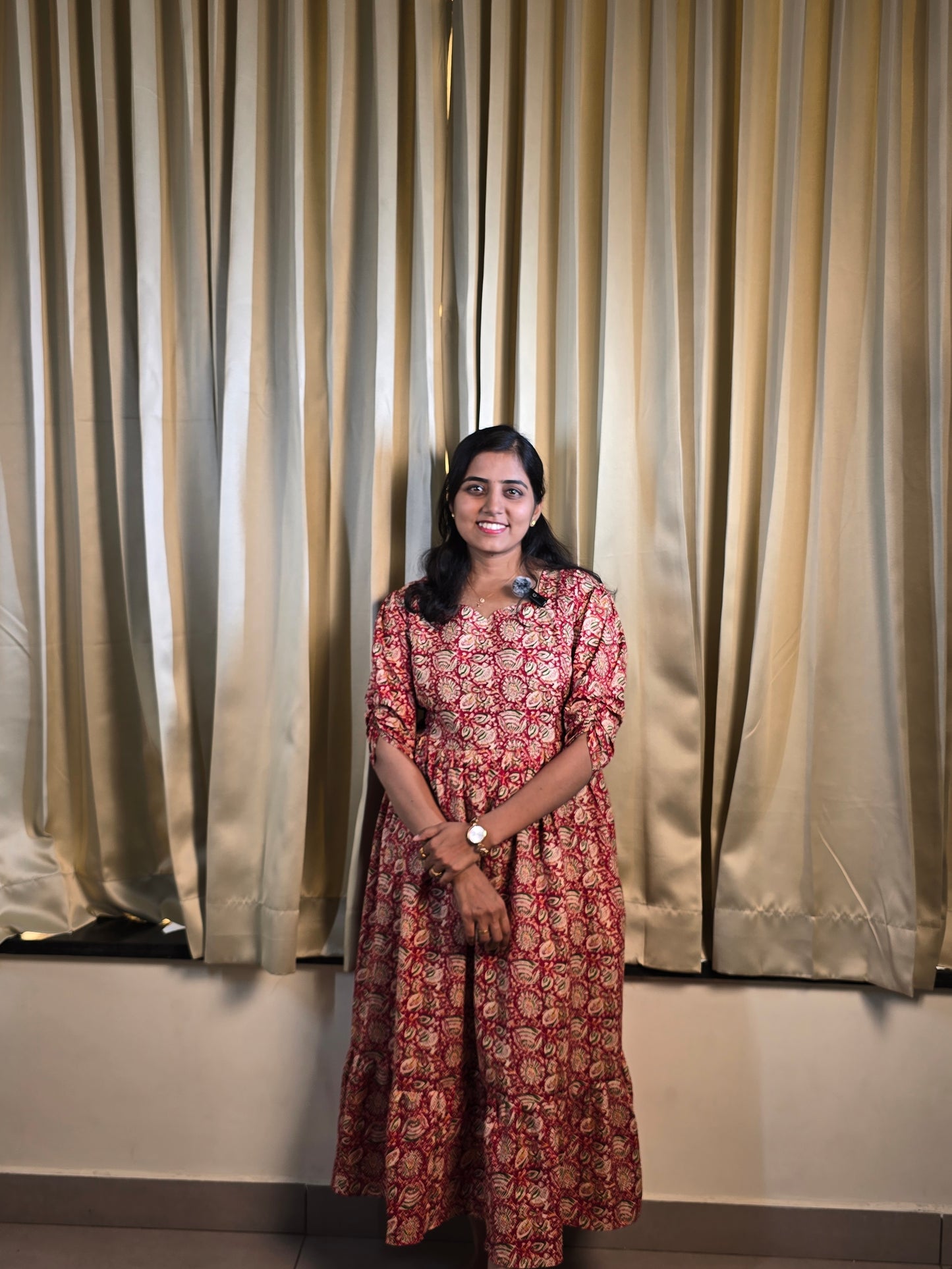 Red green Kalamkari Cotton Feeding Maxi with Zip