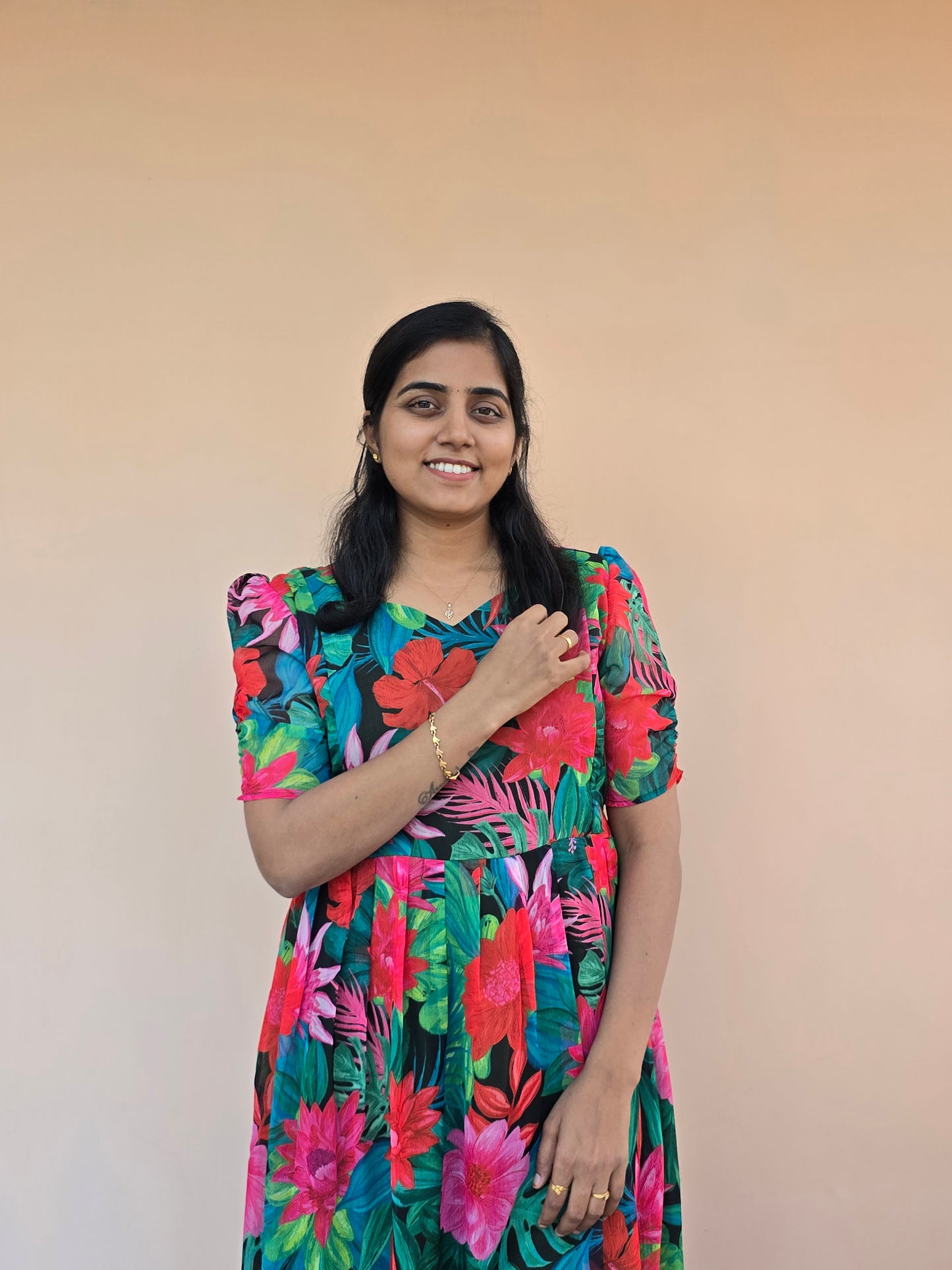 Green and Pink Hibiscus Chiffon Feeding Maxi with Zip