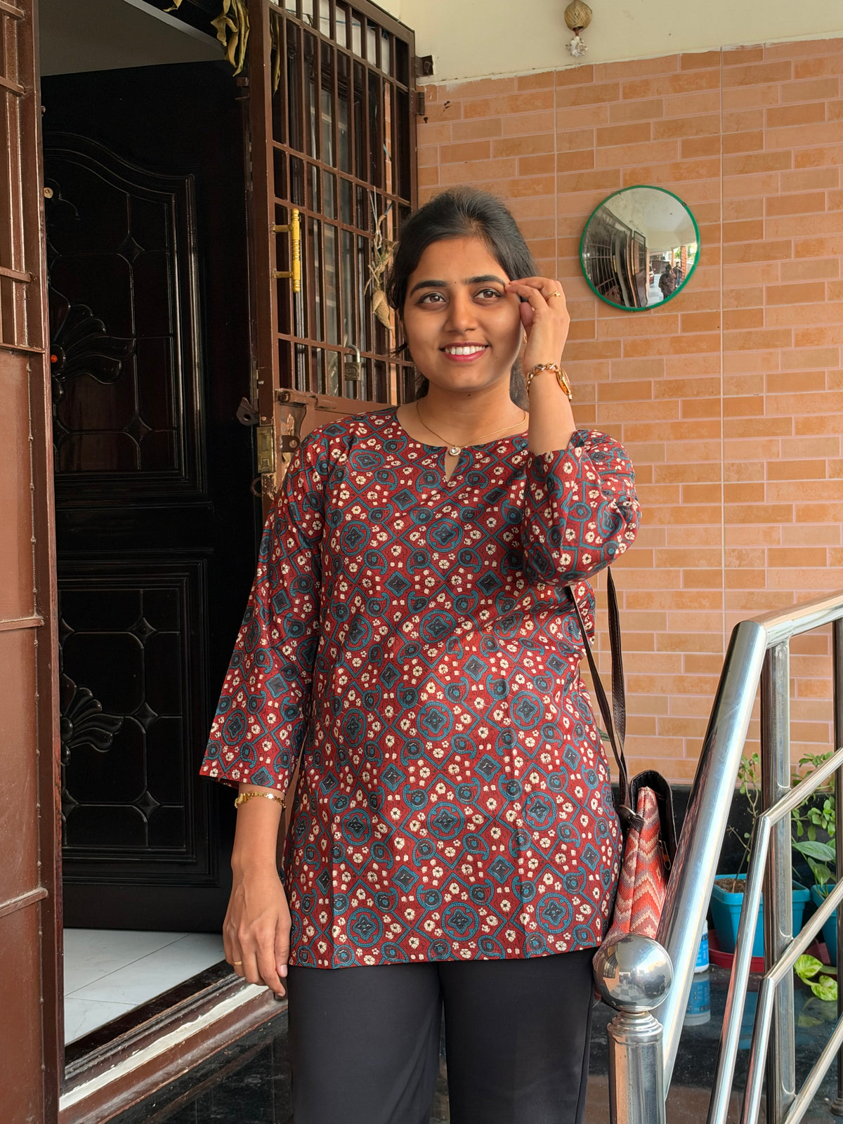 Maroon & blue Ajrakh block print Short Top
