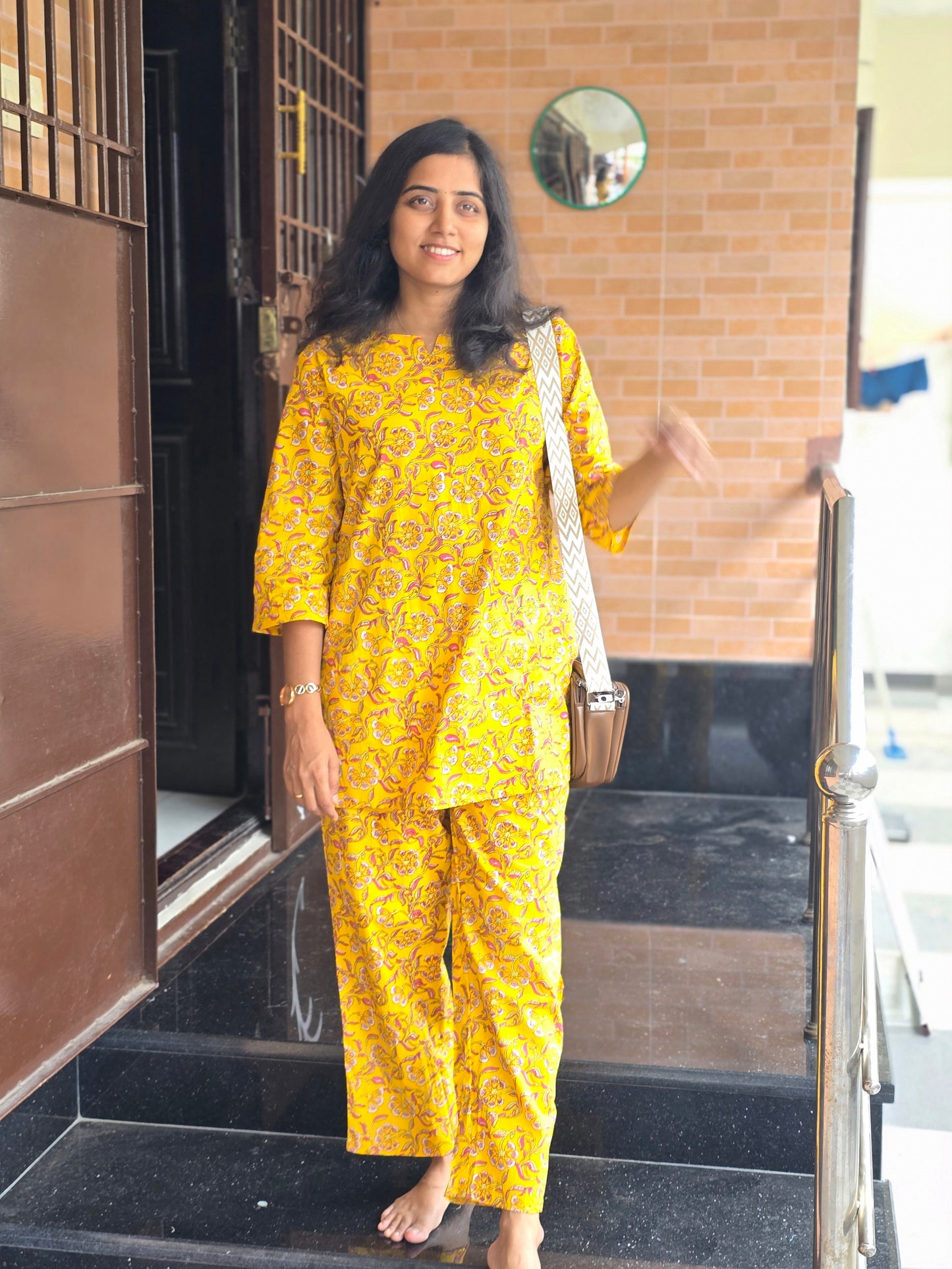 Yellow flower leaves Cotton coord set