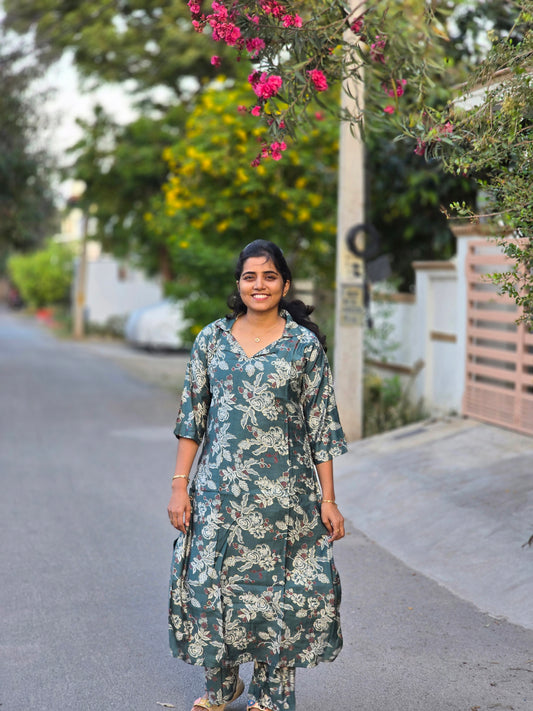 Teal blue colar top floral print kurti