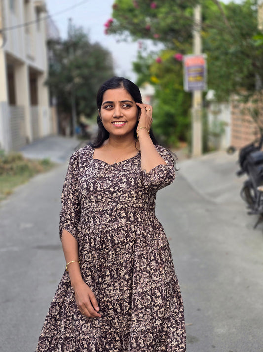 Brown Full Kalamkari Cotton Feeding Maxi