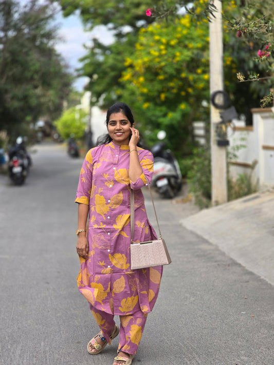 Lavendar base yellow floral kurti set