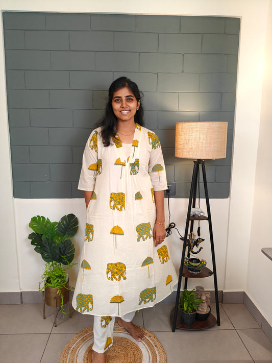 Yellow Elephant & Umbrella printed Kurti Set with Lining