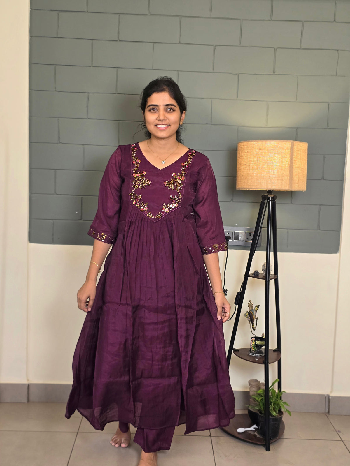 Purple &golden beads & sequin Handwork embroidery kurti set