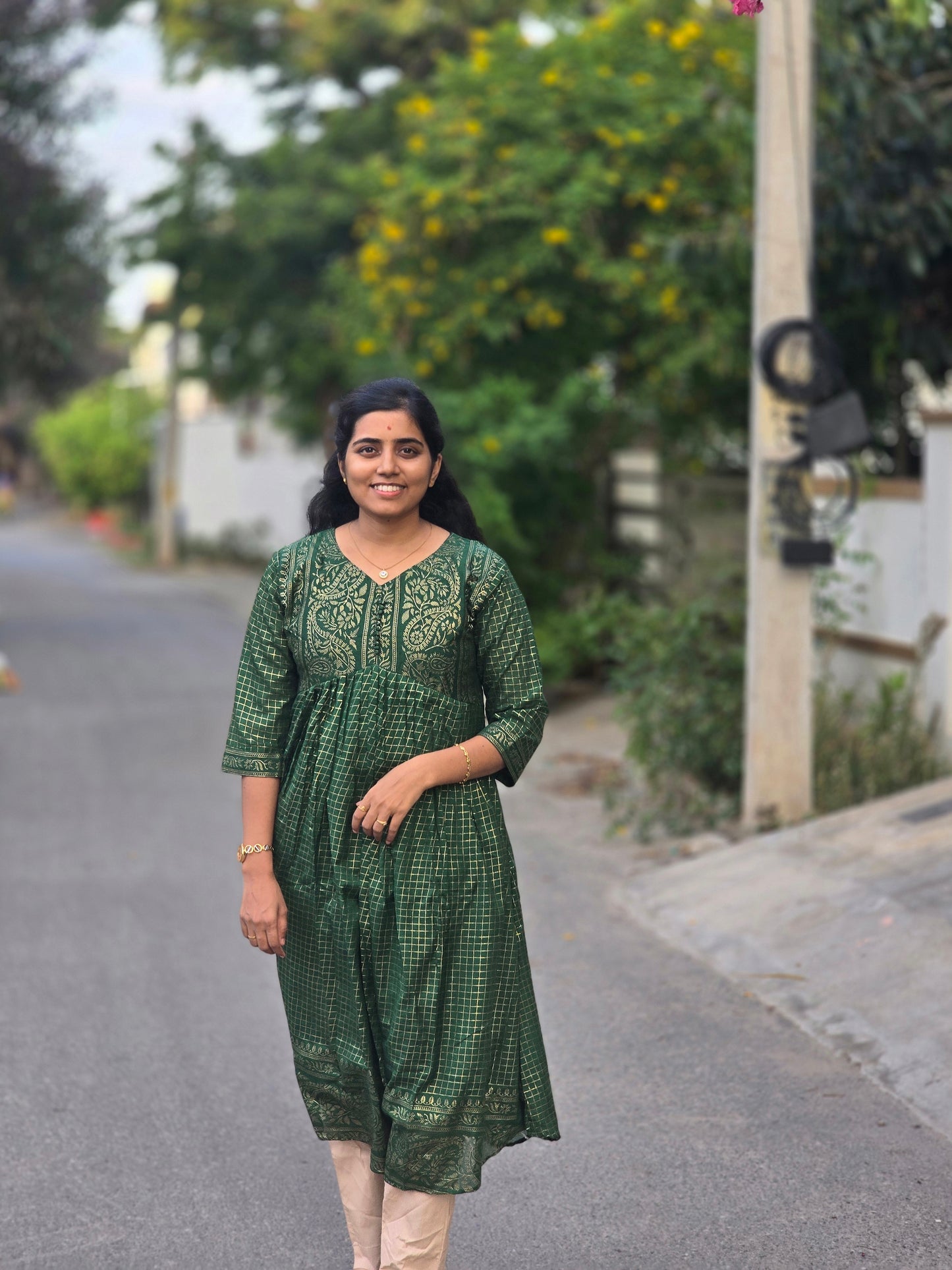 Dark green Kalyani check Festive maxi