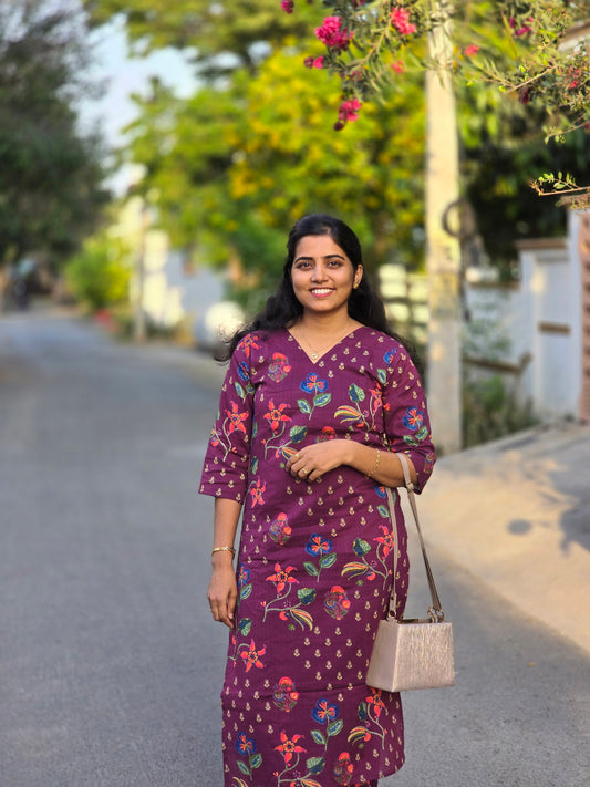 Deep Puple Flowers Kurti Set with Lining