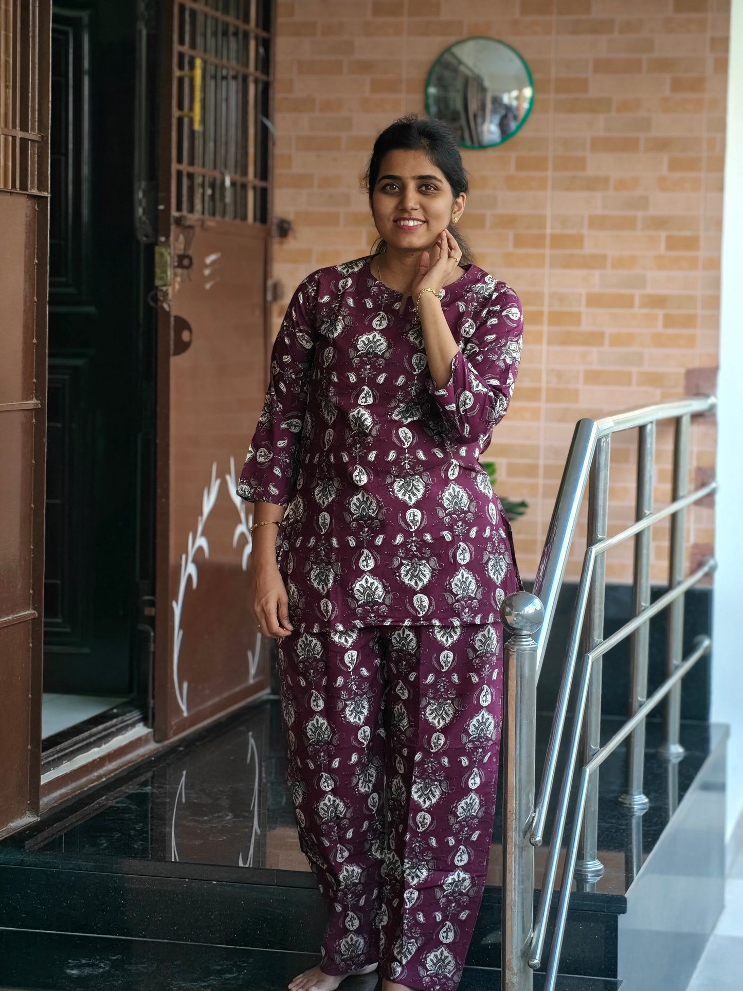 Deep purple floral block print Coord set