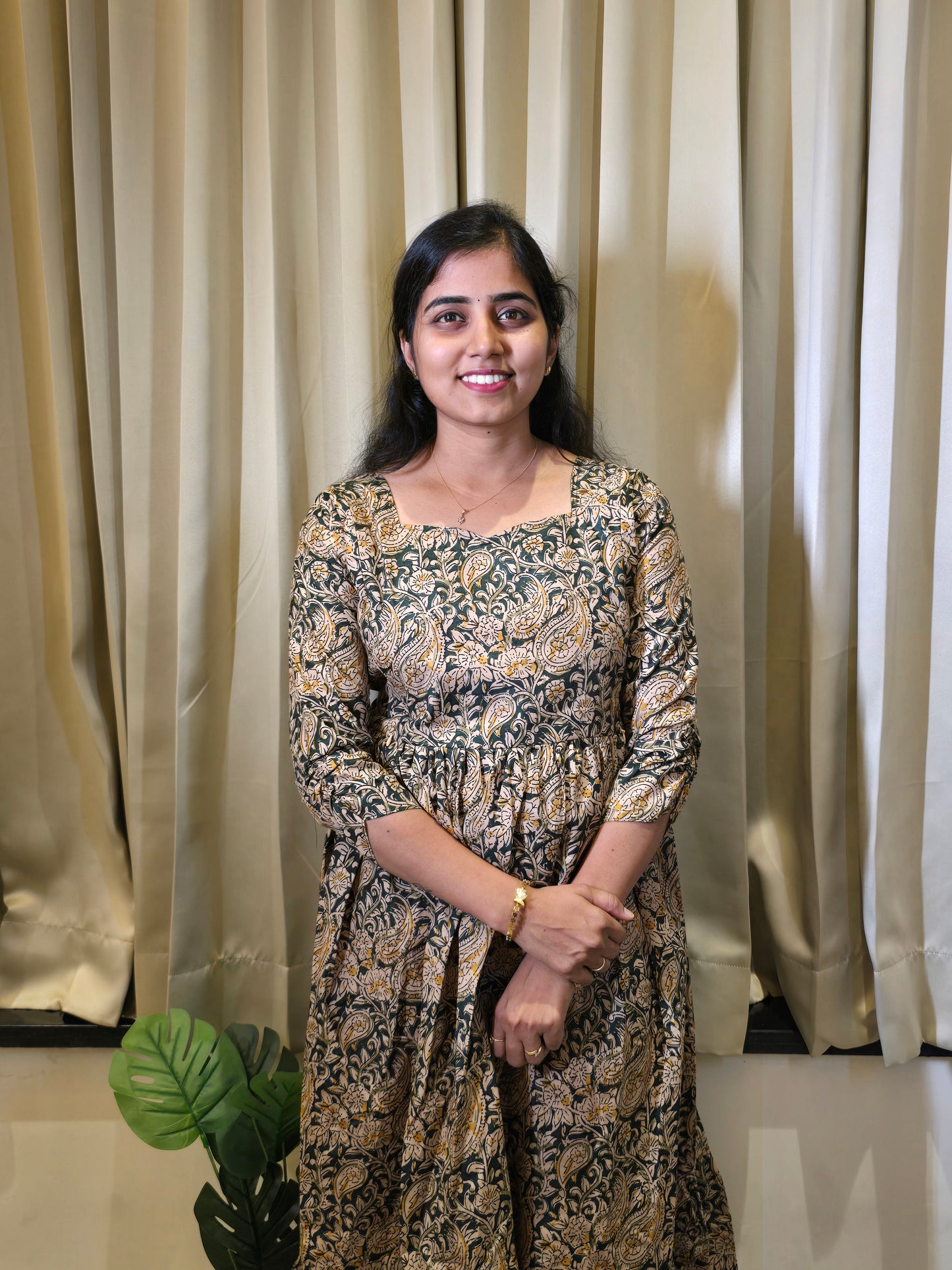 Green Kalamkari Cotton Feeding Maxi with Zip