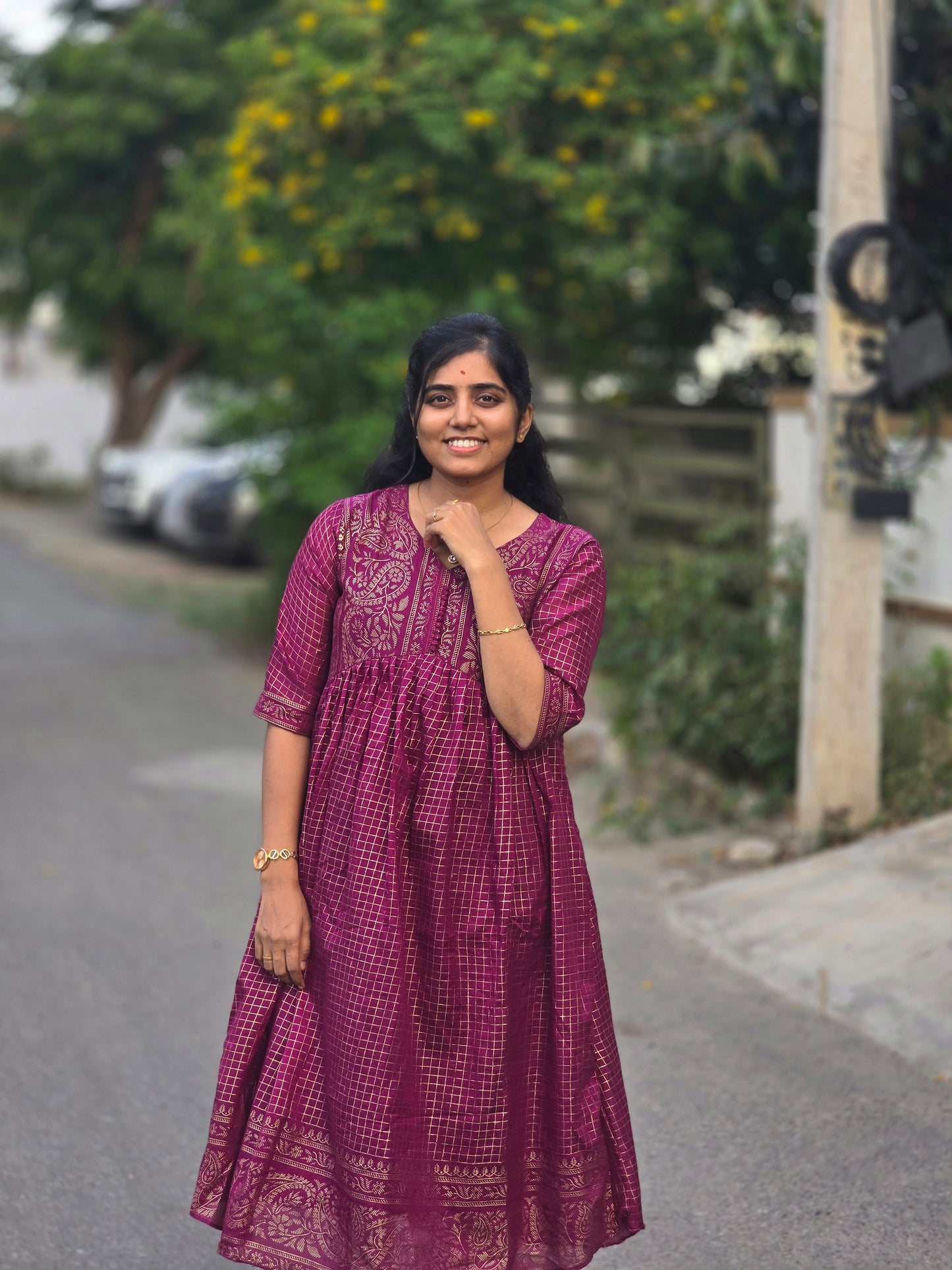 Deep purple Kalyani check Festive maxi
