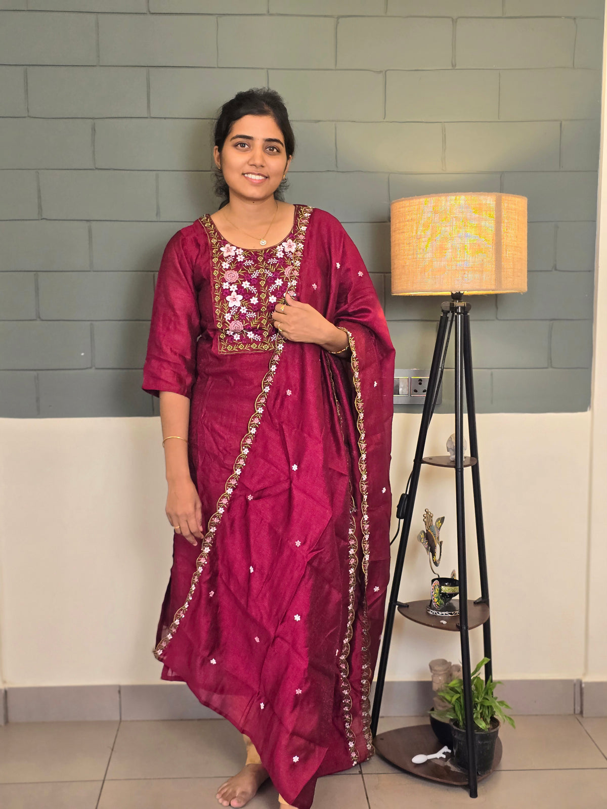 Maroon thread embroidery kurti with dupatta