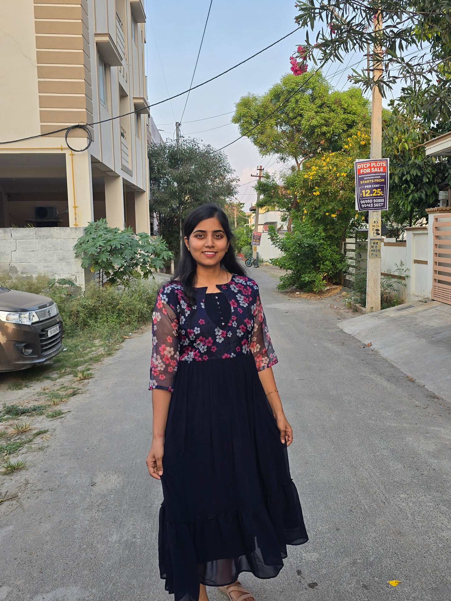 Blue with Red Floral Organza