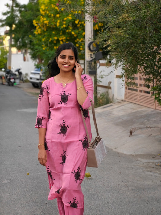 Baby pink with Black embroidery Kurti Set with Lining