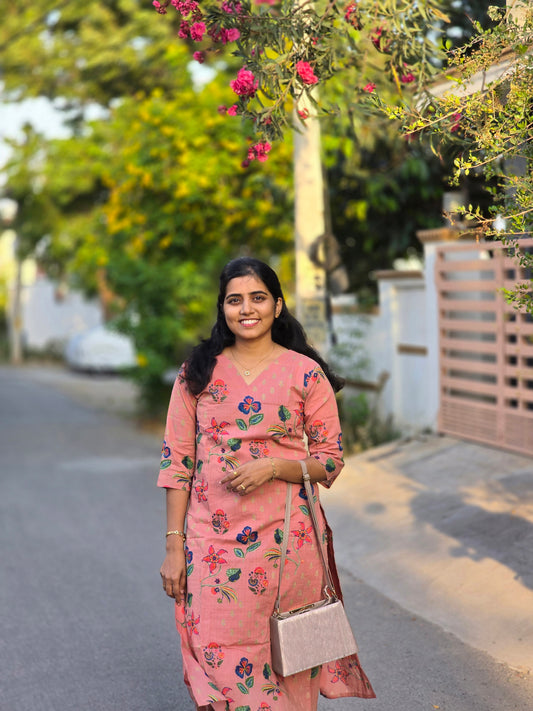 Peach Flowers Kurti Set with Lining