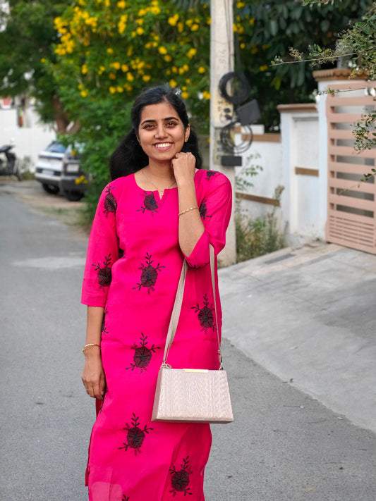 Rani Pink with Black embroidery Kurti Set with Lining