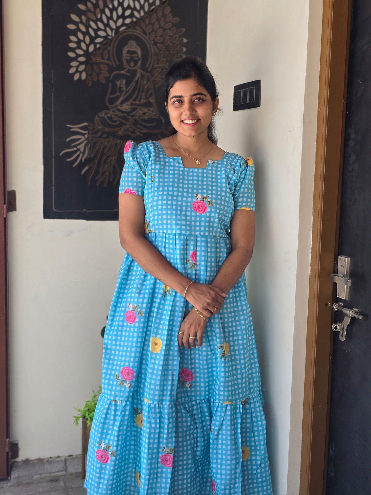 Aqua Blue floral checked Cotton Maxi