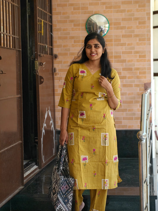Mustard yellow Lotus print cotton Kurti Set with Lining