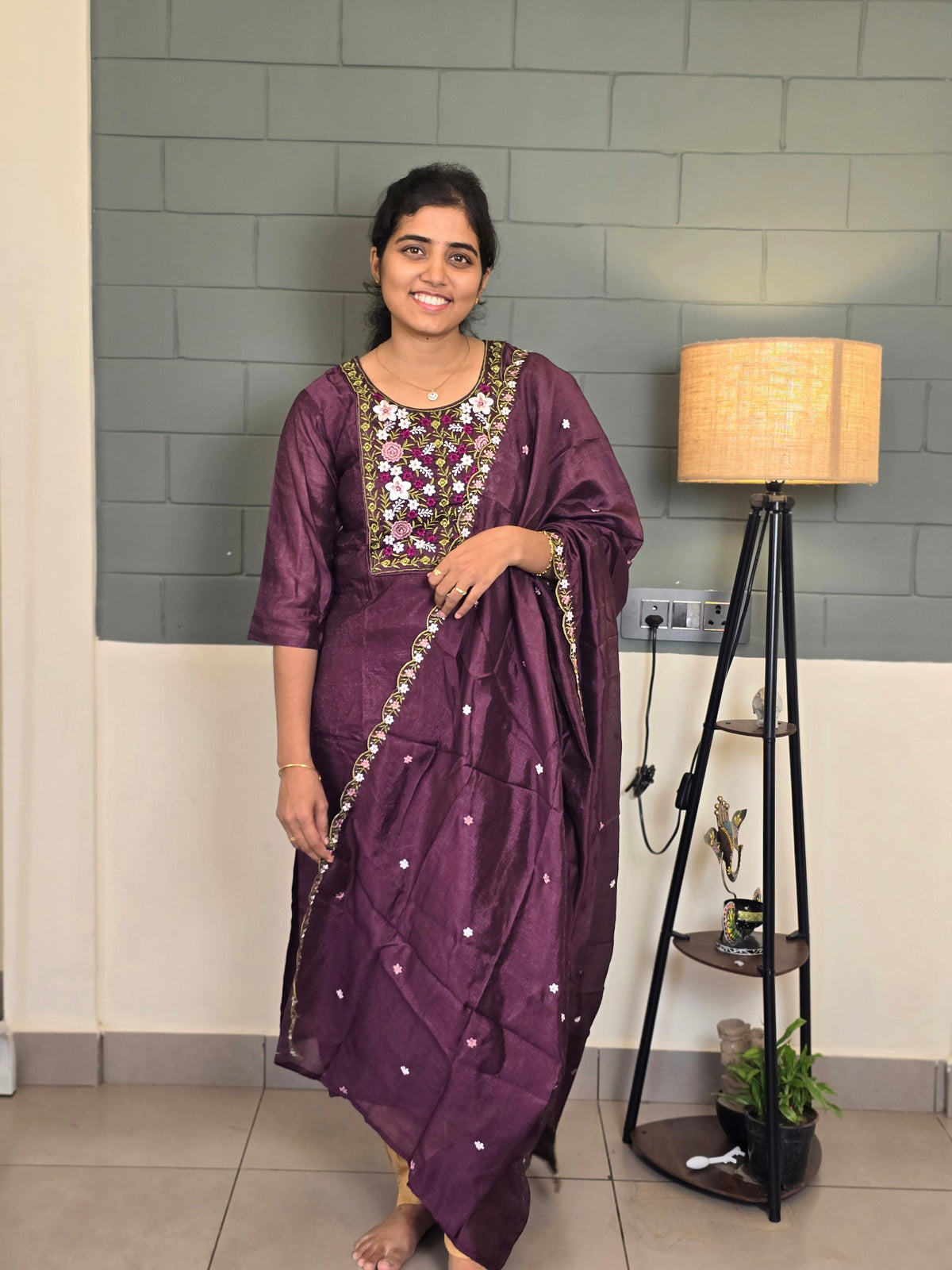 Violet thread embroidery kurti with dupatta