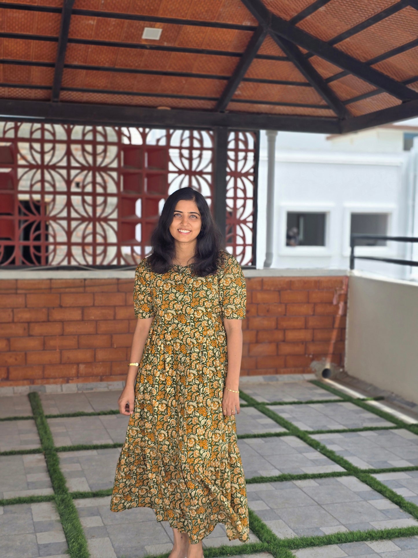 Green floral Kalamkari Print Cotton Feeding Maxi