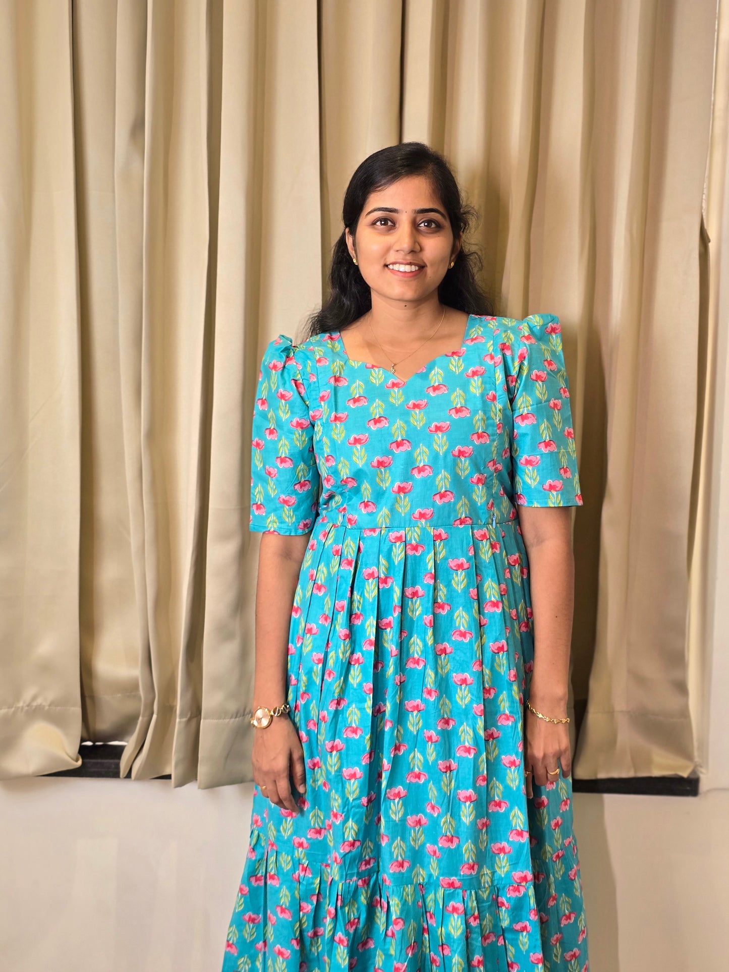 Aqua Blue flowers Cotton Feeding Maxi