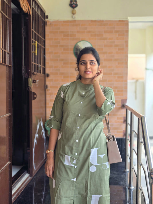 Green white kurti set