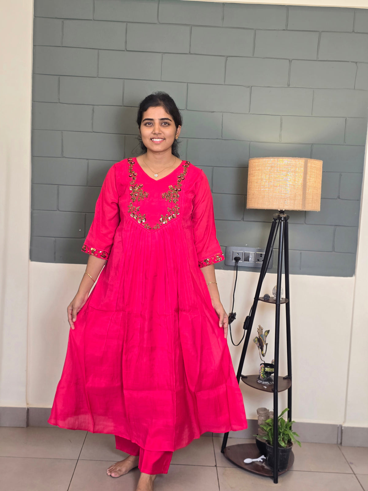 Rani Pink golden beads & sequin Handwork embroidery kurti set