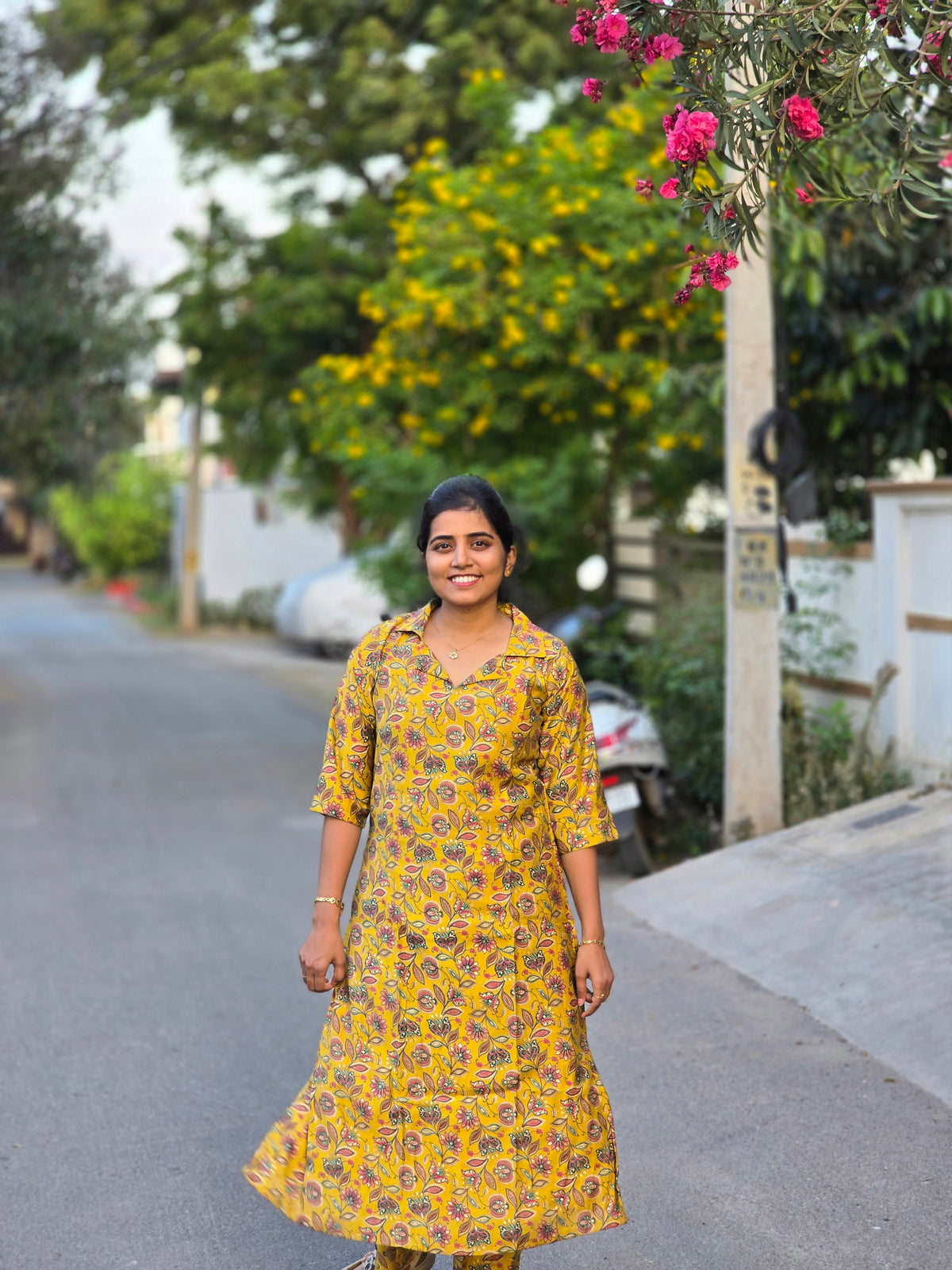 Yellow colar top floral print kurti set