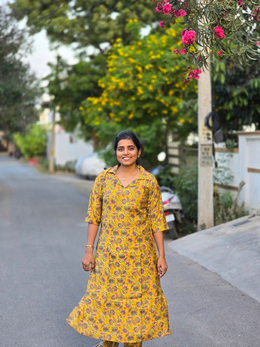 Yellow colar top floral print kurti set