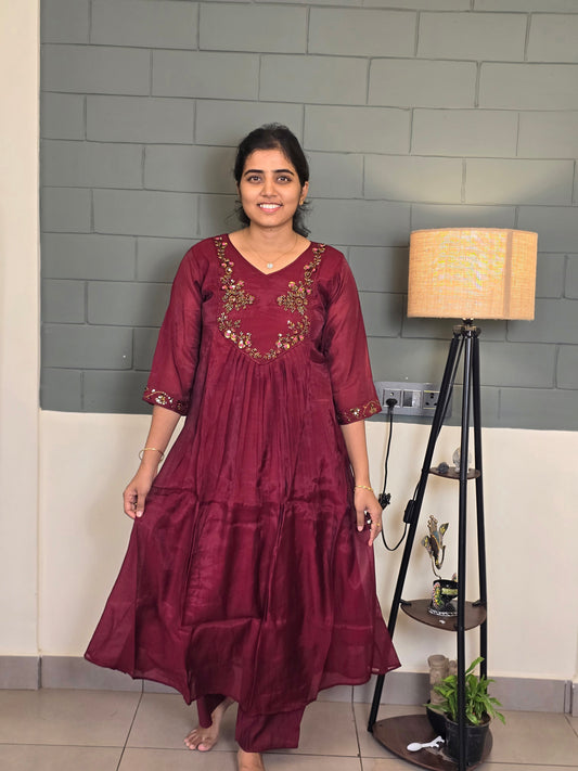 Dark wine &golden beads & sequin Handwork embroidery kurti set