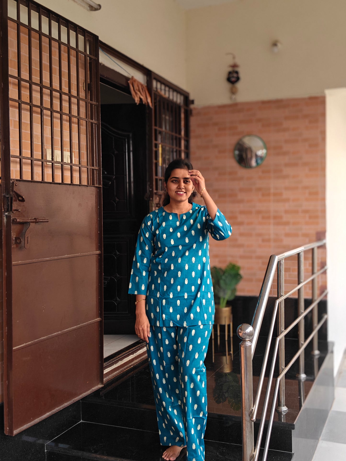 Peacock blue ikat print Coord set
