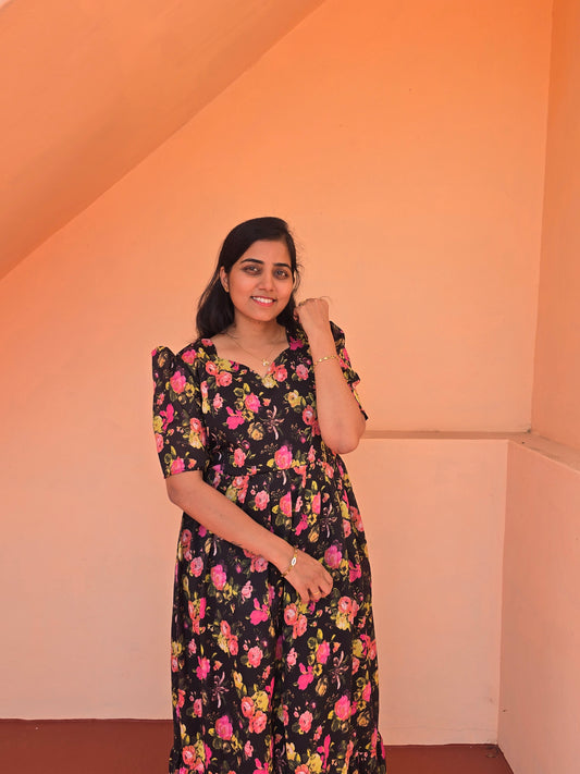 Black Colourful Roses print Feeding Maxi with Zip