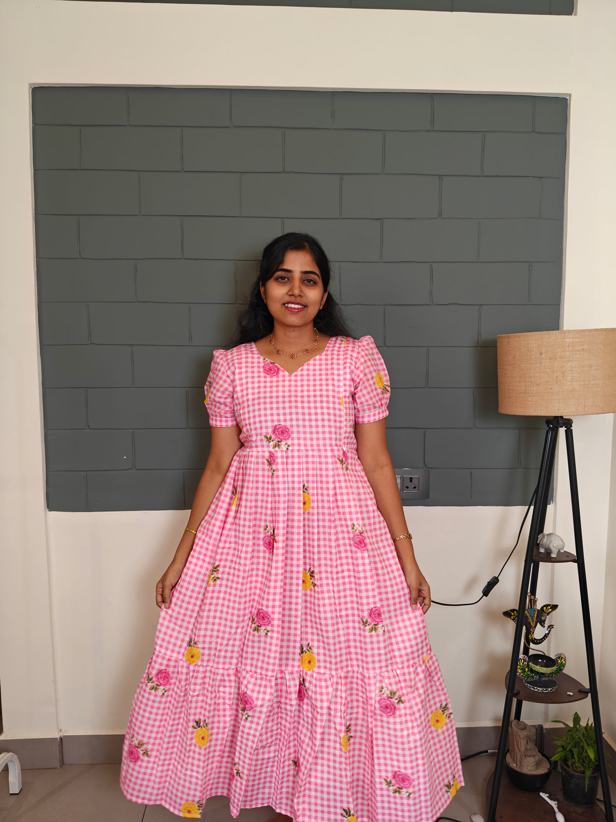 Baby pink floral checked Feeding Cotton Maxi