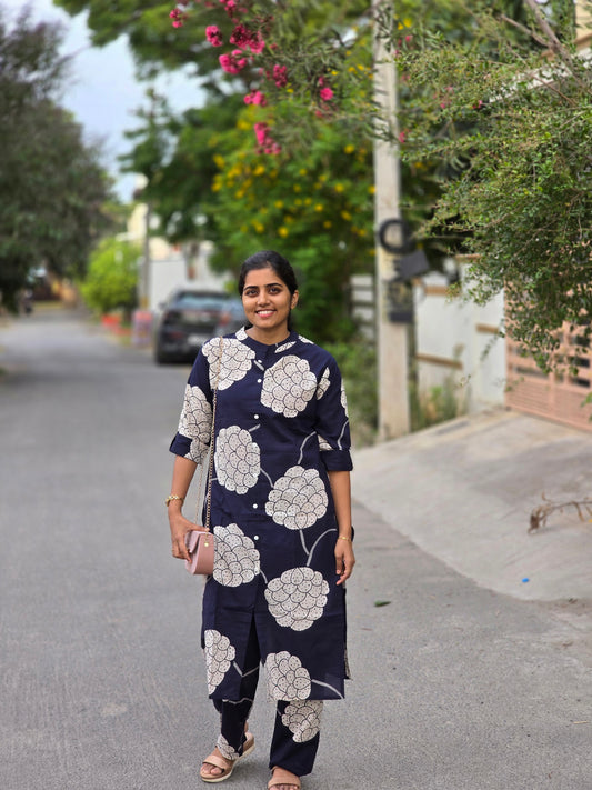 Navy Blue with white Big Flowers kurti set
