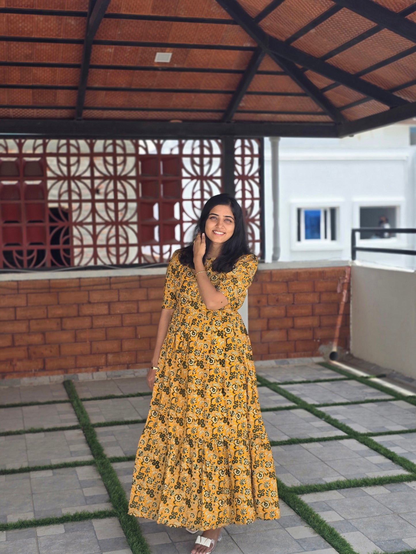 Yellow floral Kalamkari Print Cotton Feeding Maxi