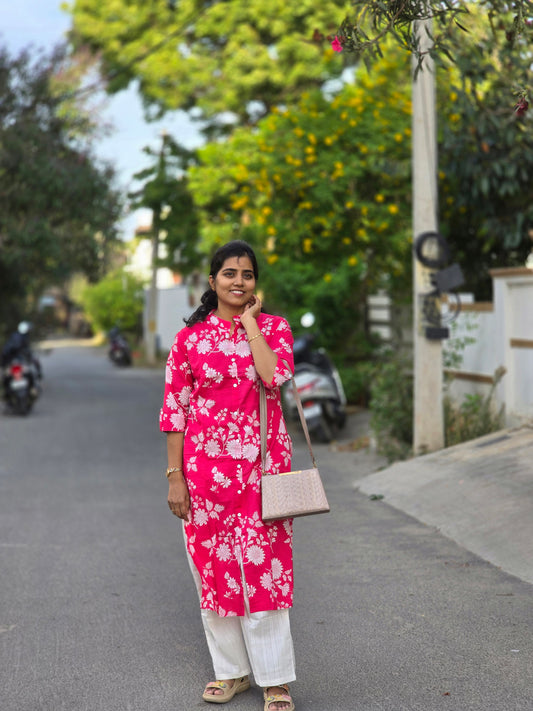 Pink white sunflowers white pant kurti set