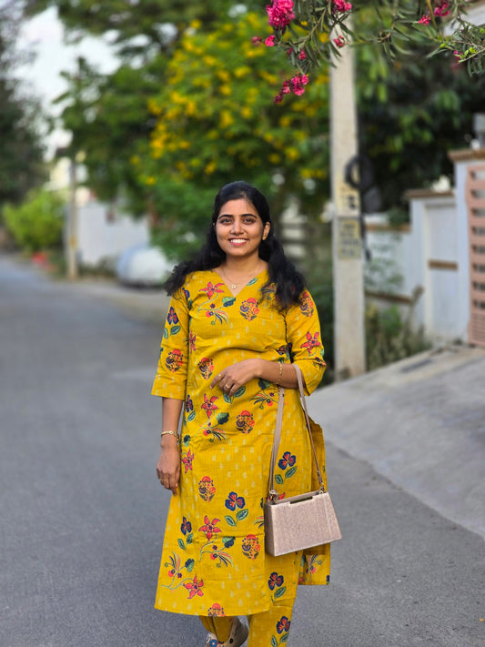 Yellow Flowers Kurti Set with Lining