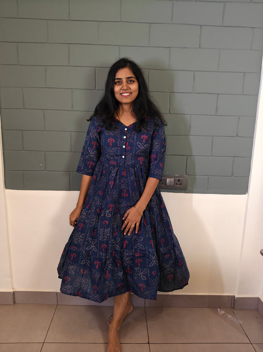 Navy blue red geometric pattern print frock maxi