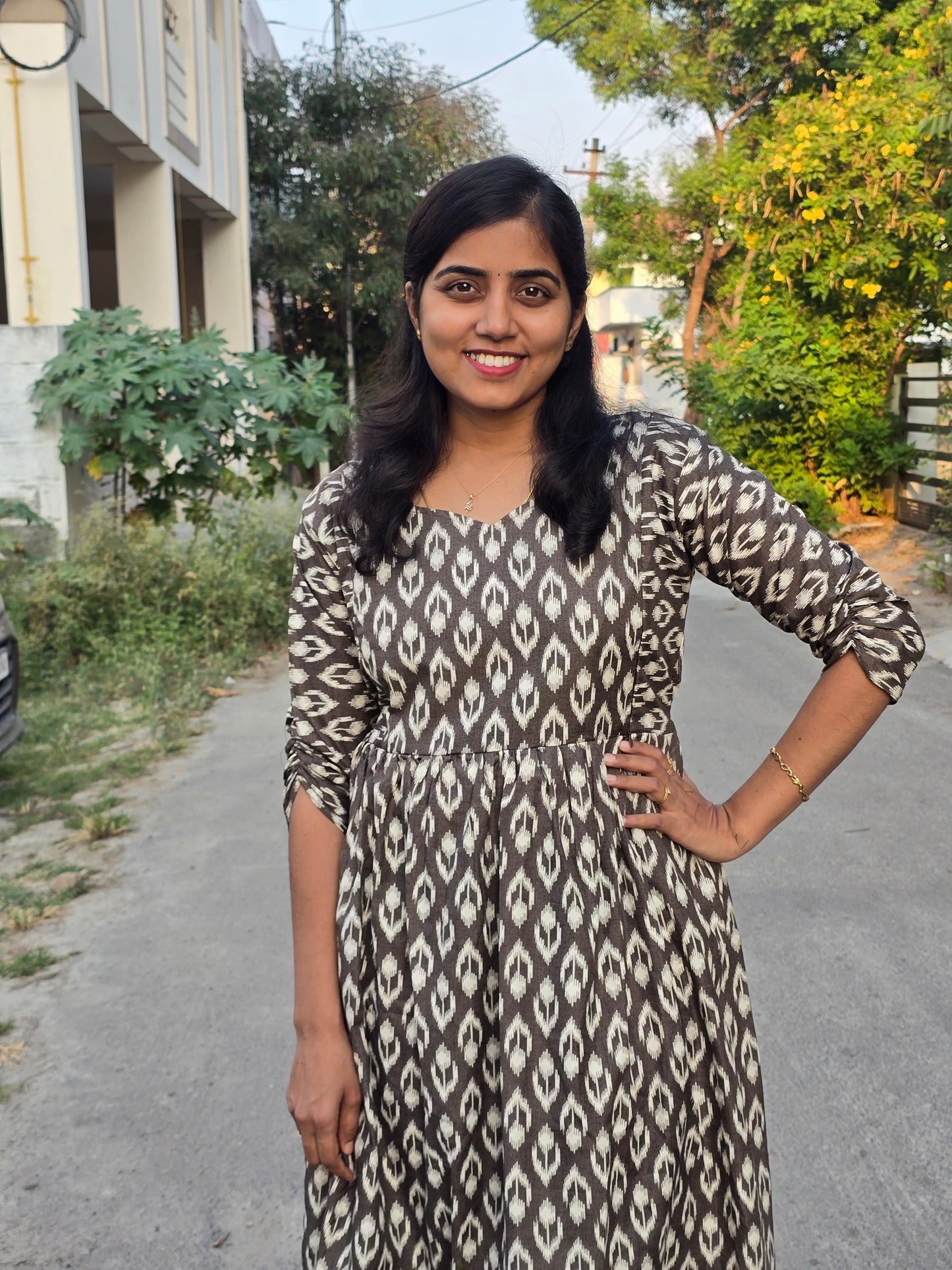 Brown Ikkat print Feeding Maxi