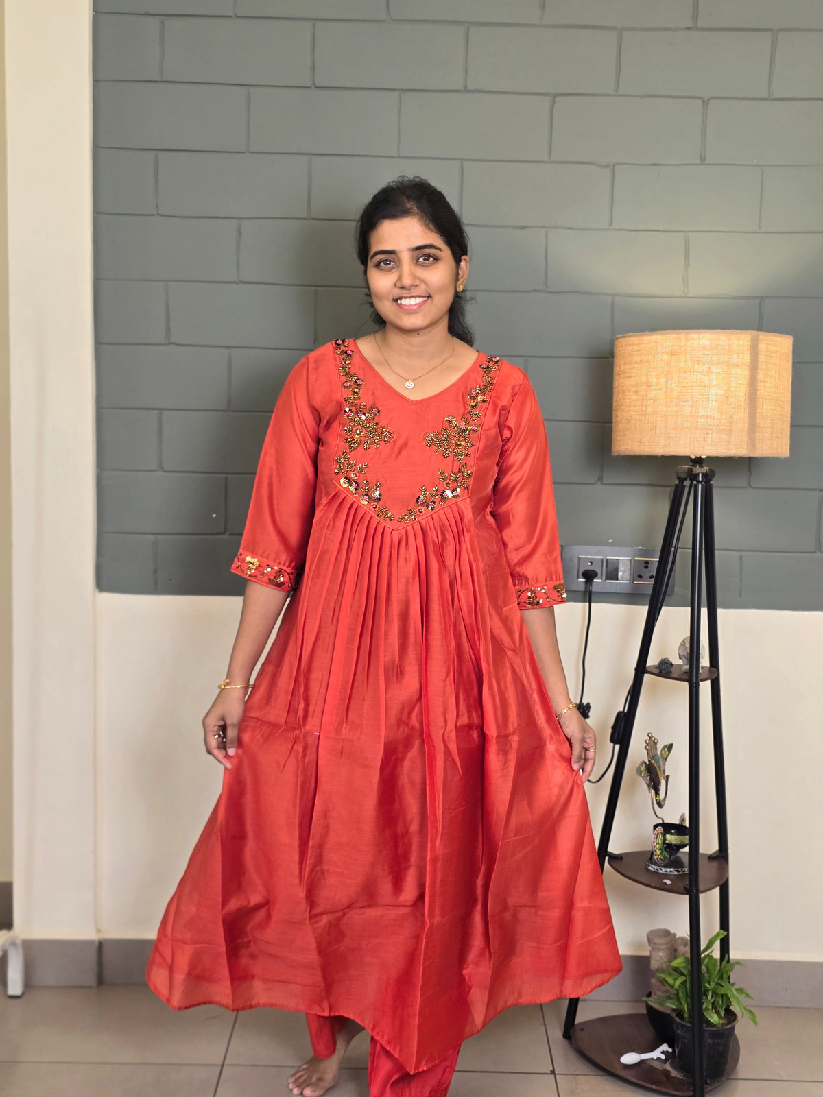 Rust orange &golden beads & sequin Handwork embroidery kurti set