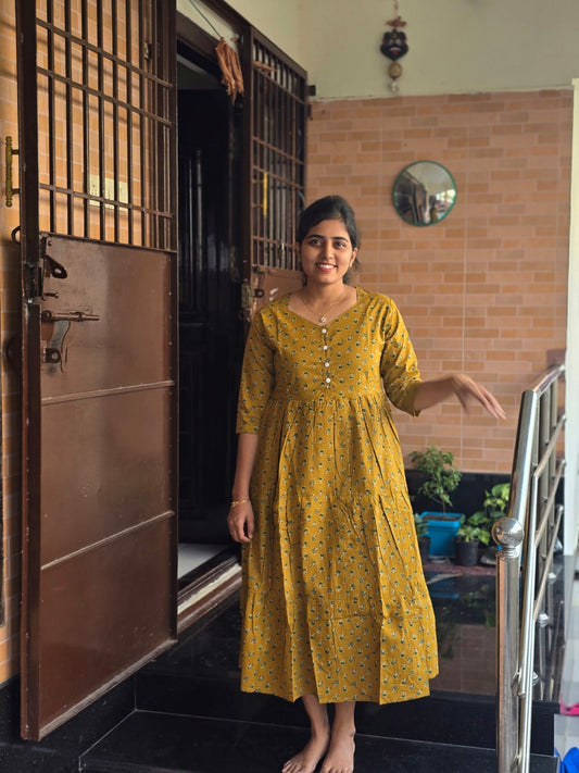 Mustard yellow Center button frock style Maxi