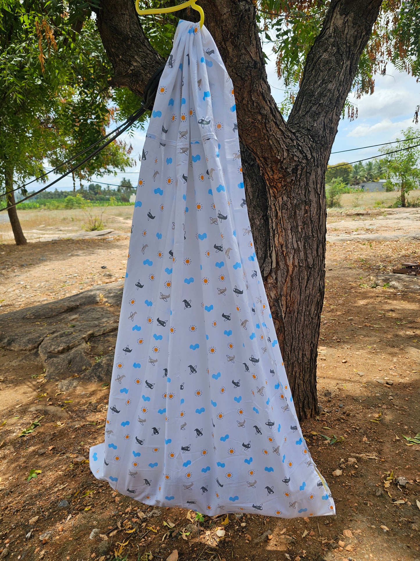 Combo of Pure Cotton Sleep Safe Thottil with Net and Separator Stick- Clouds Sun Aeroplane