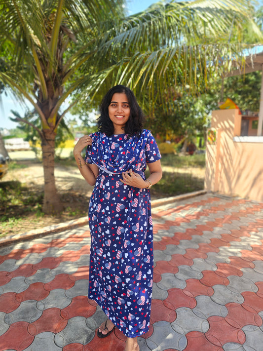 Blue and Red Heart  - Dupatta Style Feeding Lounge Wear without Zip