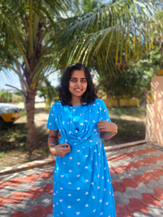 Blue and White Heart  - Dupatta Style Feeding Lounge Wear without Zip