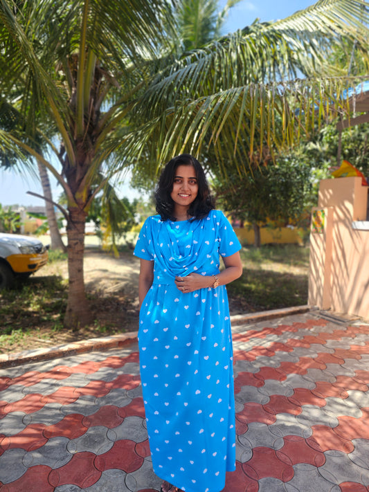Blue and White Heart  - Dupatta Style Feeding Lounge Wear without Zip