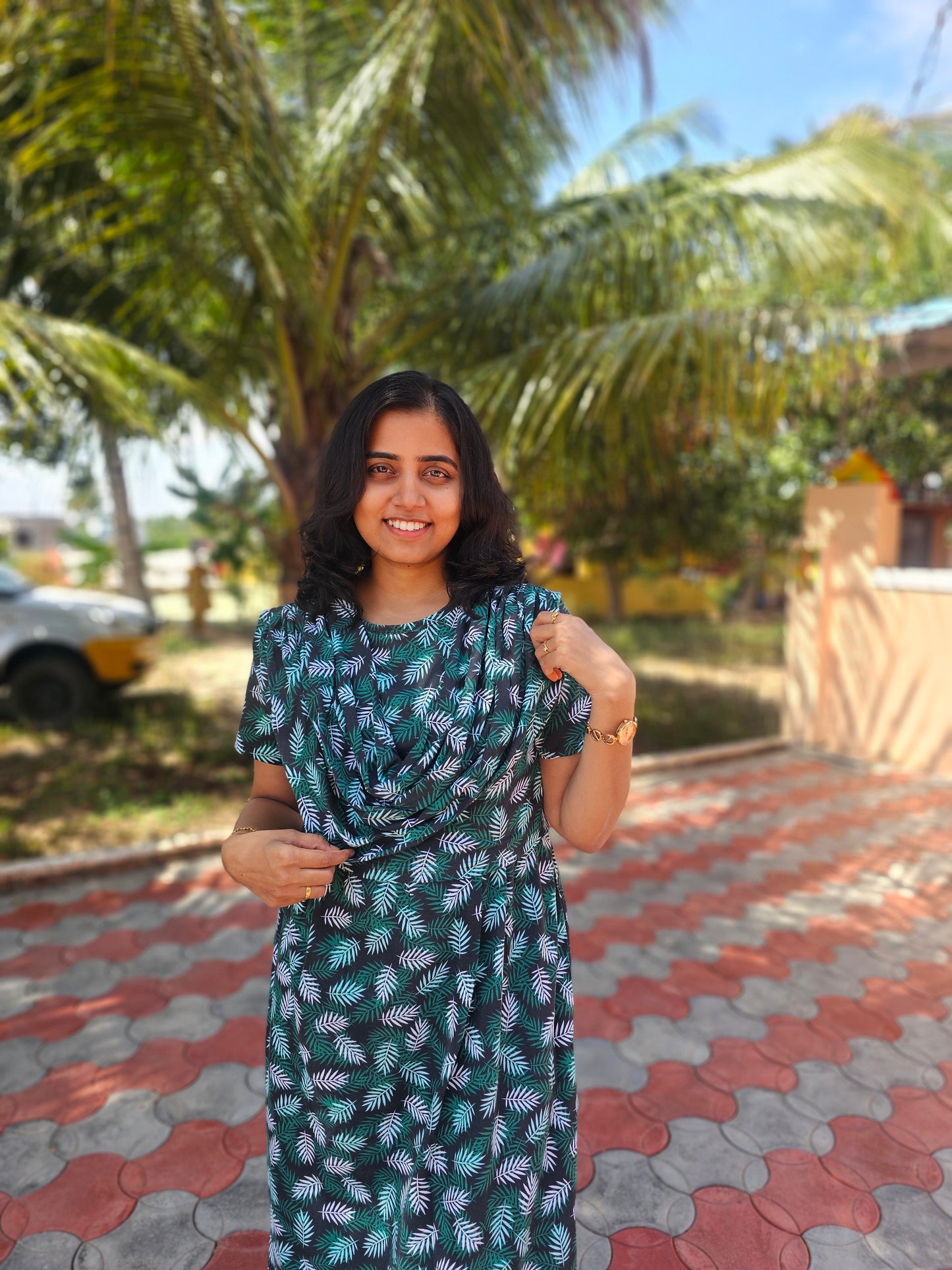 Green and White Leaves  - Dupatta Style Feeding Lounge Wear without Zip