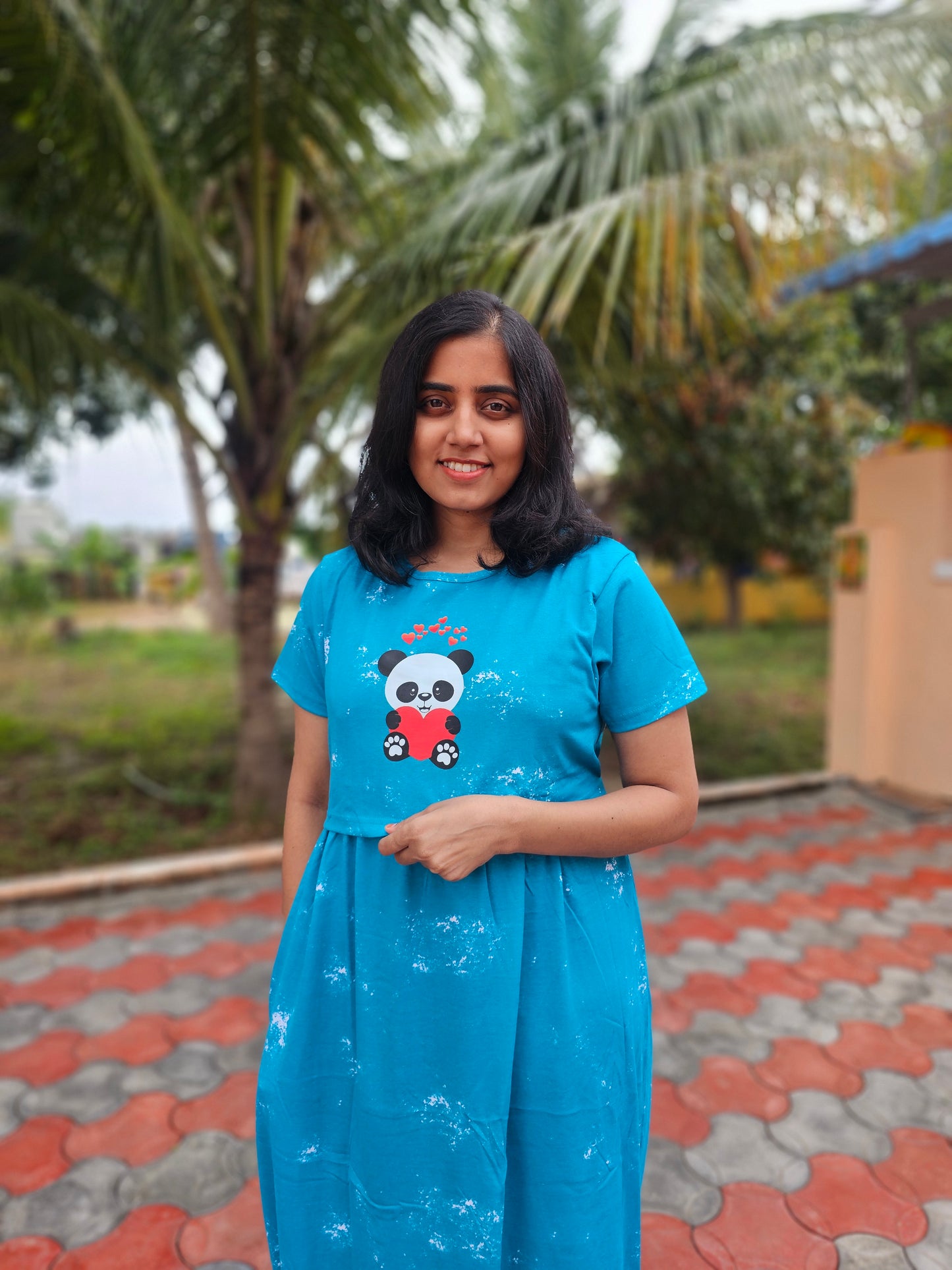 Sea green panda with heart sticker - Zipless Feeding Lounge Wear